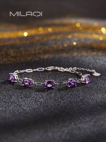 1 件 S925 纯银天然宝石手链 - 紫水晶或黄玉，18K 镀金，时尚优雅女士日常/节日礼物 - 淺藍色 - 查看 2