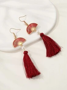 1 Pair Fashion Tasseled Fan-Shaped Faux Pearl Alloy Pendant Earrings For Women, Party & Event Accessories