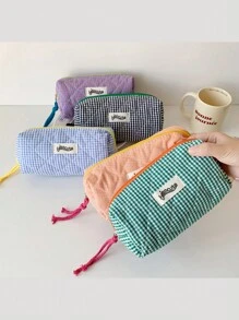 1 pieza Estuche de lápices de tela a cuadros de color contrastante, de alta capacidad, para estudiantes que vuelven a la escuela, útiles escolares, bolsa escolar