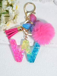 1 pièce Porte-clés en résine à lettres bicolores, pendentif de sac mode avec pompon à gland papillon, cadeau pour amis et école