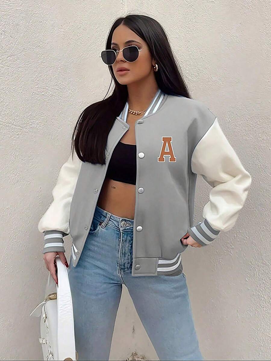 1pc Teen Girls Casual Loose Color Block Letter Printed Rib Splice Fleece Outdoor Sports Jacket Bomber Coat, Spring Autumn Winter