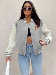 1pc Teen Girls Casual Loose Color Block Letter Printed Rib Splice Fleece Outdoor Sports Jacket Bomber Coat, Spring Autumn Winter