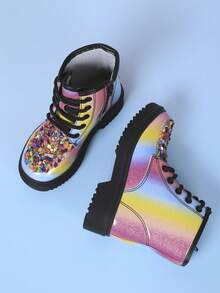 Fashionable British Style Girls Boots Colorful Thick Heel Non-Slip Lace Up Ankle Boots