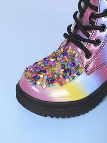 Fashionable British Style Girls Boots Colorful Thick Heel Non-Slip Lace Up Ankle Boots