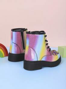 Fashionable British Style Girls Boots Colorful Thick Heel Non-Slip Lace Up Ankle Boots