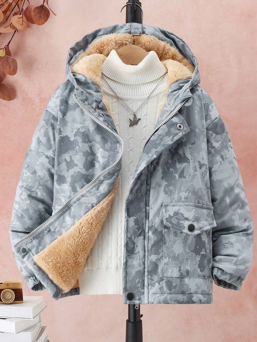 男童大童时尚印花加厚保暖棉服外套，秋冬季休闲装 - 深灰色 - 查看 1