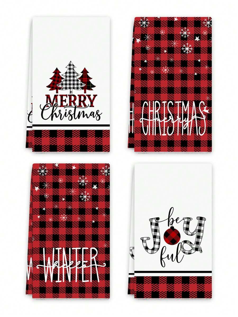 4pcs Christmas Hand Towels, Merry Christmas, Santa Claus Vehicle & Christmas Ornament Pattern, Suitable For Christmas Kitchen & Bathroom Decor