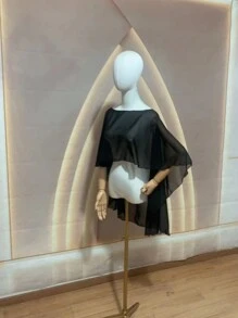 1 件短款新娘雪纺披肩，女士斗篷，可搭配连衣裙，女士耸肩秋季服装 - 黑色 - 查看 4