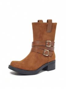 Camel Multi-Strap Buckle Mixed Materials Slip-On Chunky Heel Square Toe Comfortable Chelsea Boots, Versatile Office & Casual Style Ladies Booties