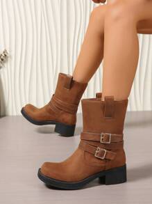 Camel Multi-Strap Buckle Mixed Materials Slip-On Chunky Heel Square Toe Comfortable Chelsea Boots, Versatile Office & Casual Style Ladies Booties