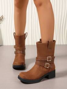 Camel Multi-Strap Buckle Mixed Materials Slip-On Chunky Heel Square Toe Comfortable Chelsea Boots, Versatile Office & Casual Style Ladies Booties