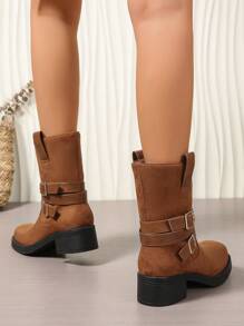 Camel Multi-Strap Buckle Mixed Materials Slip-On Chunky Heel Square Toe Comfortable Chelsea Boots, Versatile Office & Casual Style Ladies Booties