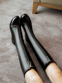 Fall/Winter Plus Size Over-The-Knee Boots Women, New European And American Design, Chunky Heel Round Toe Elastic Thermal Lined High Boots - Black - View 4