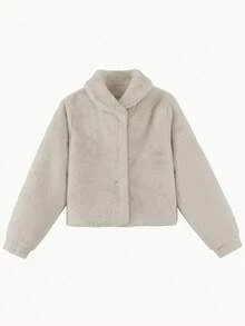 超大毛绒翻领隐形纽扣落肩大衣，秋冬 - 杏色 - 查看 5