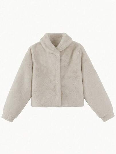 Oversized Fuzzy Lapel Hidden Button Drop Shoulder Coat, Autumn/Winter