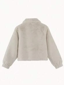 超大毛绒翻领隐形纽扣落肩大衣，秋冬 - 杏色 - 查看 4