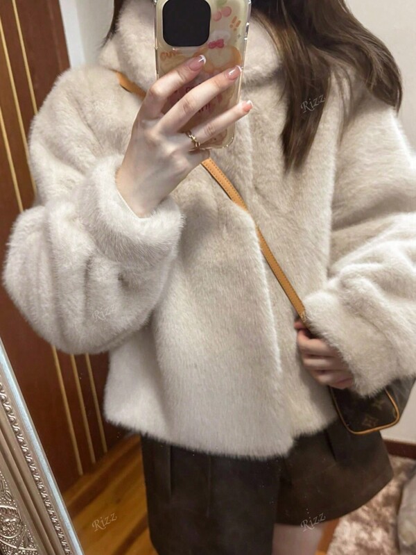 Oversized Fuzzy Lapel Hidden Button Drop Shoulder Coat, Autumn/Winter