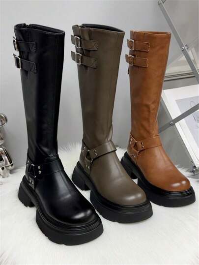 2025 Autumn/Winter New Women's Thick Sole Slim Fit Leather Tall Boots, Buckle Strap Riding Boots With Back Zipper, Black