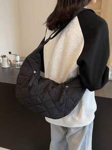 1 件简约女士新月斜挎包、单肩包 - 黑色 - 查看 3