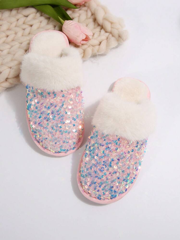 2024 Fashionable Women's Fluffy Sequined Soft Bottom Slippers, Warm Lined For Indoor Home Use In Winter - Pink - View 5