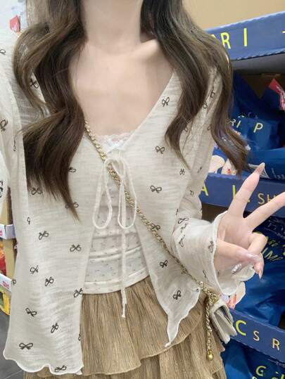 蝴蝶结印花长袖休闲短款女士薄款开衫