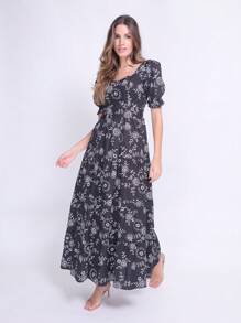 Luxury Long Dress In Tricoline Cotton With Short Sleeves - màu đen - Xem 1
