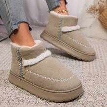 OBOVAY Giày bốt cổ ngắn mới cho nữ mùa thu/đông, giày lười thời trang cho nữ, phần trên bằng da lộn giả màu trơn, thiết kế tối giản, lót nhiệt, mềm mại và thoải mái, giữ ấm tuyệt vời - Màu Khaki - Xem 2