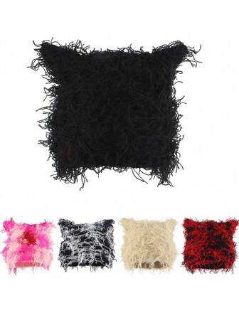 1 件女式纯色休闲可爱聚丙烯腈流苏 Y2K 风格针织帽，日常穿着