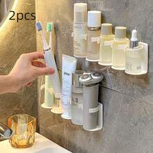 2 套 10 件塑料壁挂式浴室收纳盒，无需钻孔化妆品架，多功能梳妆台收纳盒，易于切割，适用于家庭、厨房、浴室配件 - 白色 - 查看 1