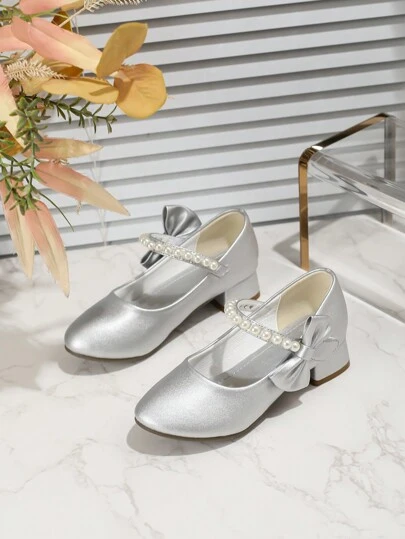 Girls Fashion Elegant Bow Decor High Heel Shoes, Spring Autumn Children Ballet Party Dress Shoes