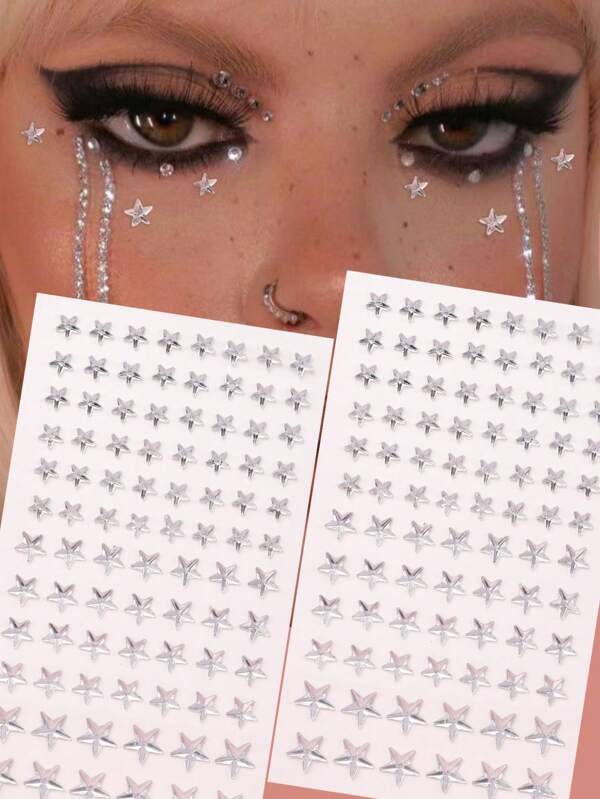 2pcs Silver-White Multi-Facet 3D Pentagram Rhinestone Stickers, Y2K Style Realistic Diamond Decals For Face, Hair, Eyes, Body, Festival, Party, Gift