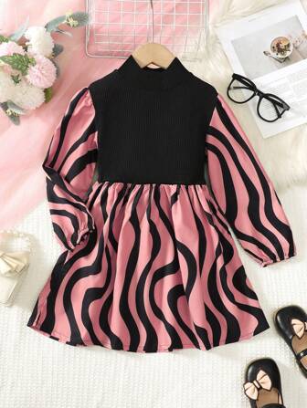 女童长袖秋冬连衣裙，年轻女孩立领保暖拼接波浪条纹印花时尚连衣裙