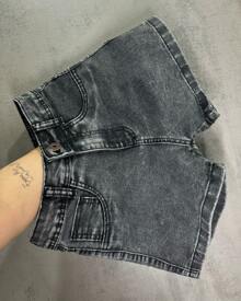Basic Black And Gray Denim Shorts With Hem - Grey - View 1