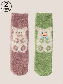 2 Pairs Multicolor Thermal Lined Women Coral Velvet Socks, Warm Crew Socks For Autumn/Winter, Pregnancy, Indoor Wear, Non-Shedding, Cozy Socks - Multicolor - View 3