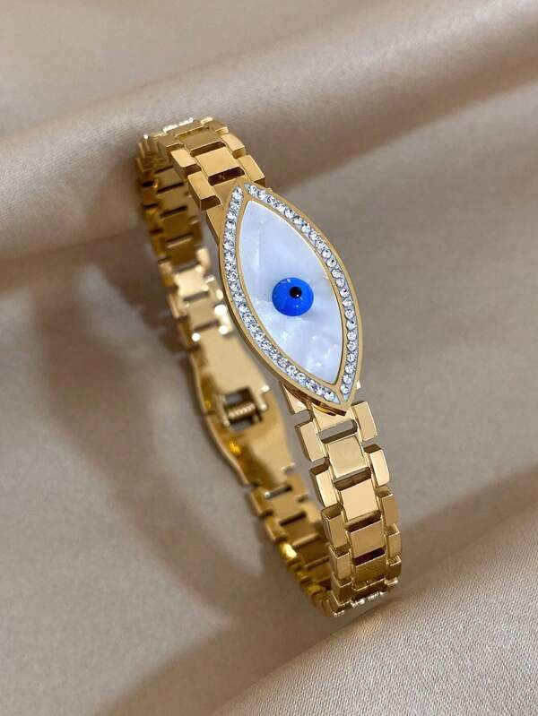 1 pieza Brazalete de acero inoxidable con ojo para mujeres y niñas, brazalete turco de ojos con circonita, joyería de brazalete de puño