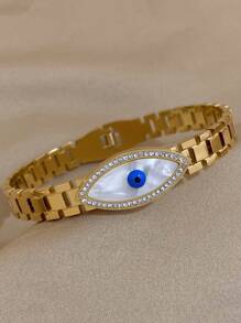 1 Stück Edelstahl Armband in Augenform für Frauen, modisches Augen-Armband mit künstlichem Zirkonia Manschetten-Armband Schmuck - Gold - Übersicht 3