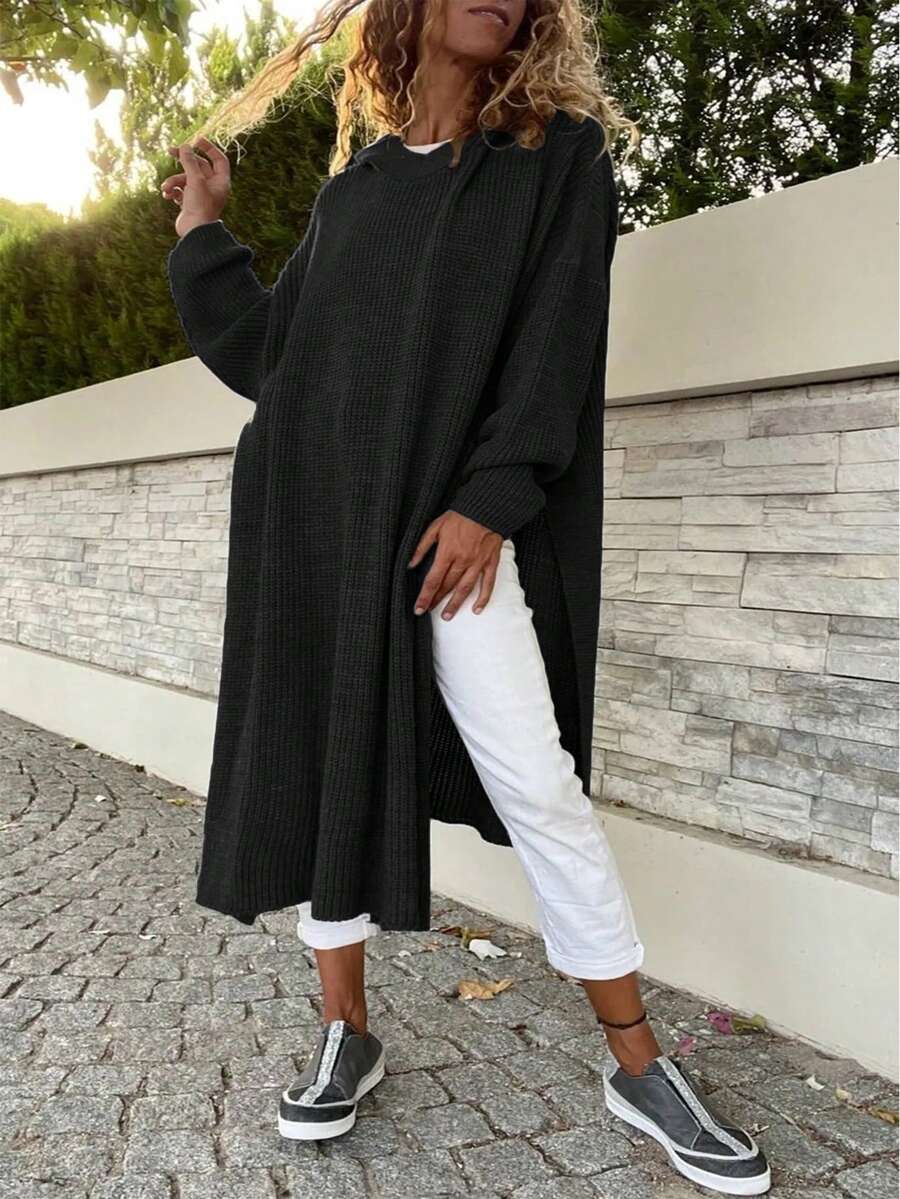 Women's Plus Size Long Solid Color Ribbed Split Hem Long Sleeve Hooded Knit Sweater, For Winter Casual Black - Black - View 1
