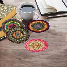 6 件曼陀罗设计木质杯垫，耐热，适用于茶杯和咖啡杯 - 非常适合家庭、咖啡厅和下午茶使用 - 装饰工艺用品 - 彩色 - 查看 6