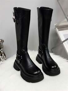 2025 Autumn/Winter New Women's Thick Sole Slim Fit Leather Tall Boots, Buckle Strap Riding Boots With Back Zipper, Black - Black - View 3