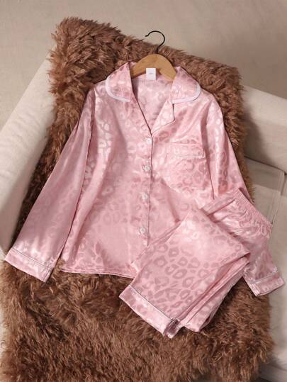 儿童女童两件套缎面豹纹提花边翻领长袖上衣和裤子睡衣套装适合所有季节