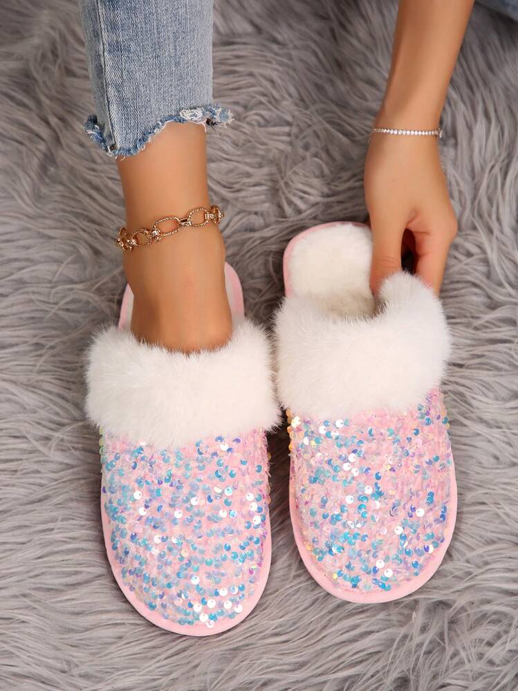 2024 Fashionable Women's Fluffy Sequined Soft Bottom Slippers, Warm Lined For Indoor Home Use In Winter - Pink - View 1