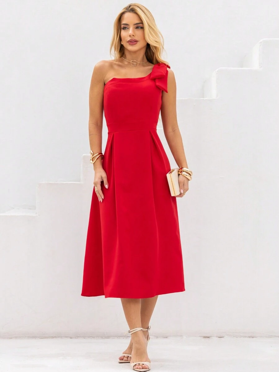 Tailored Midi Party Dress With Bow Detail On The Strap And Invisible Zipper On The Side - 紅色 - 查看 1