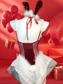 Conjunto de 4 piezas de lencería sexy de conejita para Navidad: body, sudadera, diadema de conejita, bufanda de encaje, uniforme de terciopelo con plumas halter, lencería desmontable con bola de pelo (talla única) - Ver 2