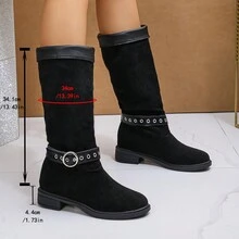 女士秋冬时尚新款圆头侧拉链坡跟女鞋，前交叉休闲铆钉链条设计中筒靴，哥特鞋街头时尚女式摇滚靴金属装饰朋克风格女鞋 - 黑色 - 查看 7