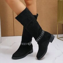 女士秋冬时尚新款圆头侧拉链坡跟女鞋，前交叉休闲铆钉链条设计中筒靴，哥特鞋街头时尚女式摇滚靴金属装饰朋克风格女鞋 - 黑色 - 查看 5