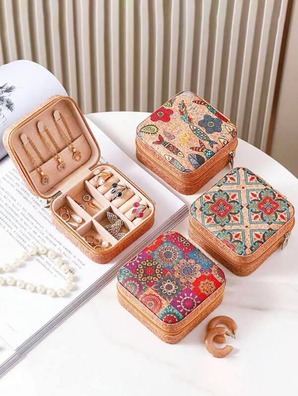 1pc Mini Retro Jewelry Box Earrings, Rings, Necklaces, Travel Storage Box, Jewelry Earrings, Elegant Style Printed Jewelry Box, Multi Functional Jewelry Storage Box, Zipper Convenient Jewelry Bag, Exquisite Cosmetics And Lipstick Storage Bag, Mother's Day Gift, Girls' Gift, Handbag Storage, New Cork Pattern Multi Compartment Large Capacity Jewelry Box, Luxury PU Leather Jewelry Box, Mini Flip Storage Women's Jewelry Gift, Mother's Storage Box Back To School