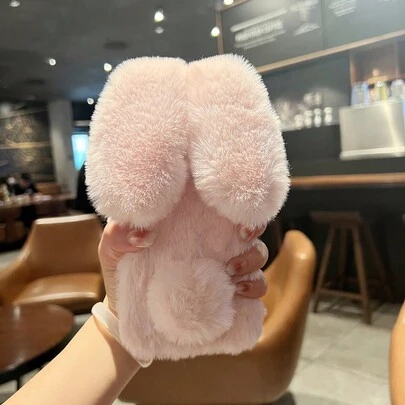 趣味手机壳 1个 毛绒3D兔子软壳 兼容/红米/OPPO手机，冬季防护 防水 防震 防摔 防刮擦，国际版，非国内版