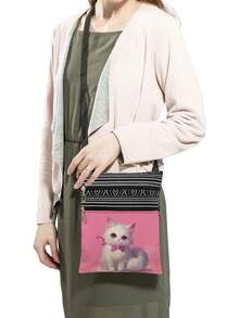 Túi đeo chéo in hình mèo hoạt hình dễ thương, Túi đeo vai có thể tái sử dụng dành cho cả nam và nữ có họa tiết mèo và nơ dễ thương, Túi đeo chéo thời trang dành cho người yêu mèo, Quà tặng dự tiệc - Hồng - Xem 3