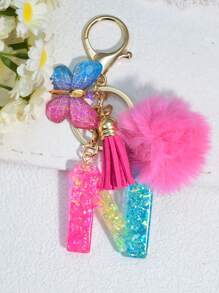 1 pièce Porte-clés en résine à lettres bicolores, pendentif de sac mode avec pompon à gland papillon, cadeau pour amis et école