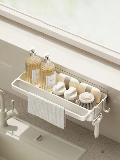 1 pieza Estante organizador para fregadero, soporte para esponja, paño de cocina y toalla de secado para encimera, sin taladrado, estantería de almacenamiento para cocina y baño